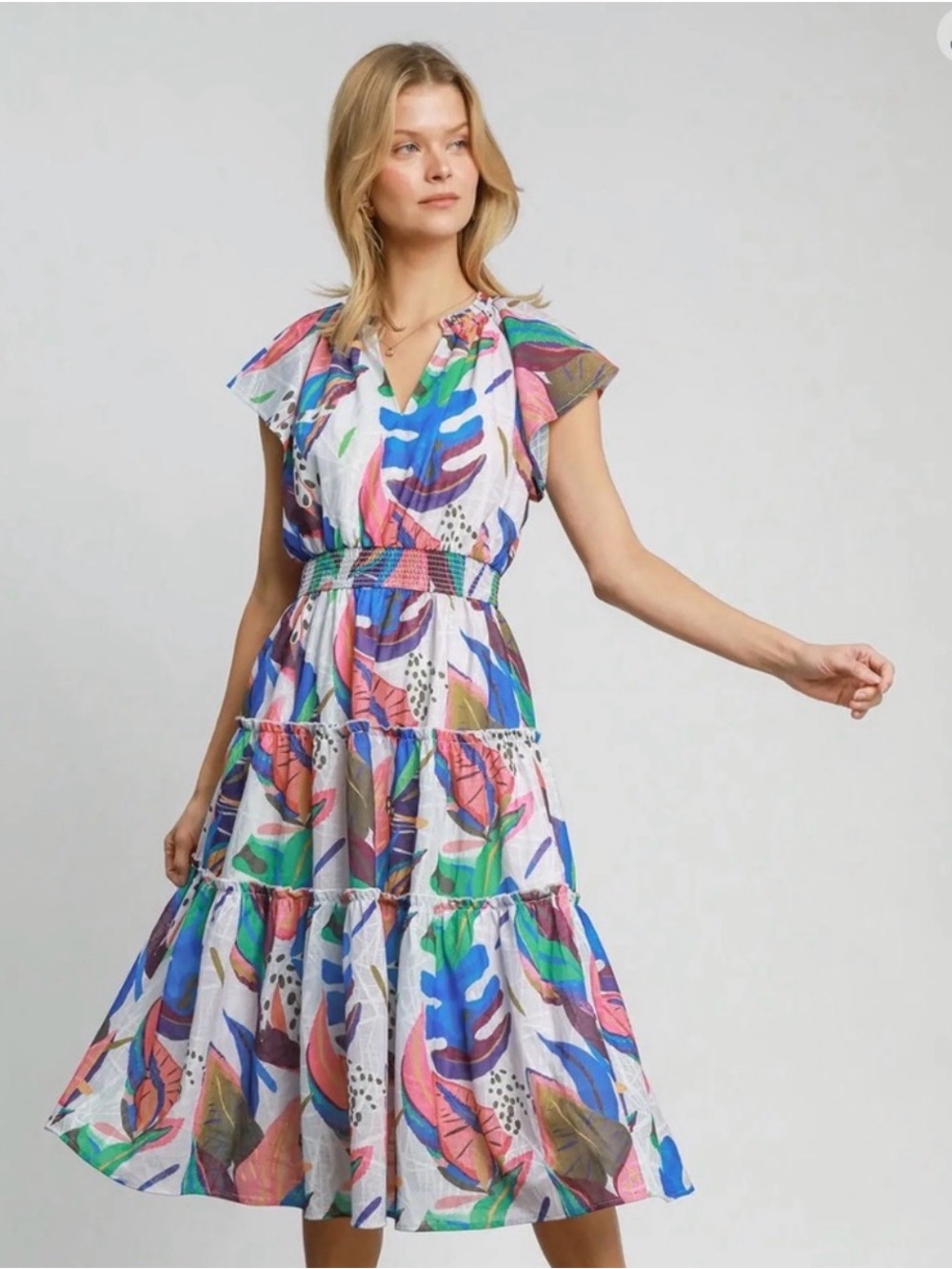Umgee Multicolor Leaf Print Tiered Midi Dress NWT Medium